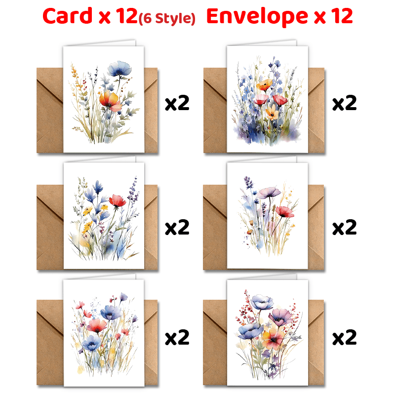 

24- Watercolor Greeting Cards Envelopes, 6 Styles, Cards, Appreciation For , , Coworkers, Business, , , Office Supplies