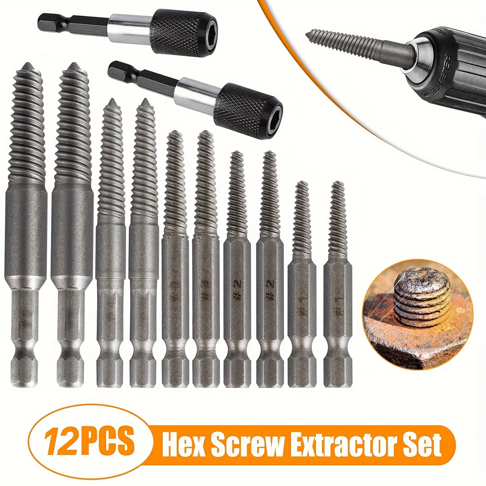 12pcs Stud Screw Extractor Remover Set - 1/4 Inch Hex Shank For Damaged And Screw Removal - Tool With High-torque Capacity For Fast And Efficient Extraction