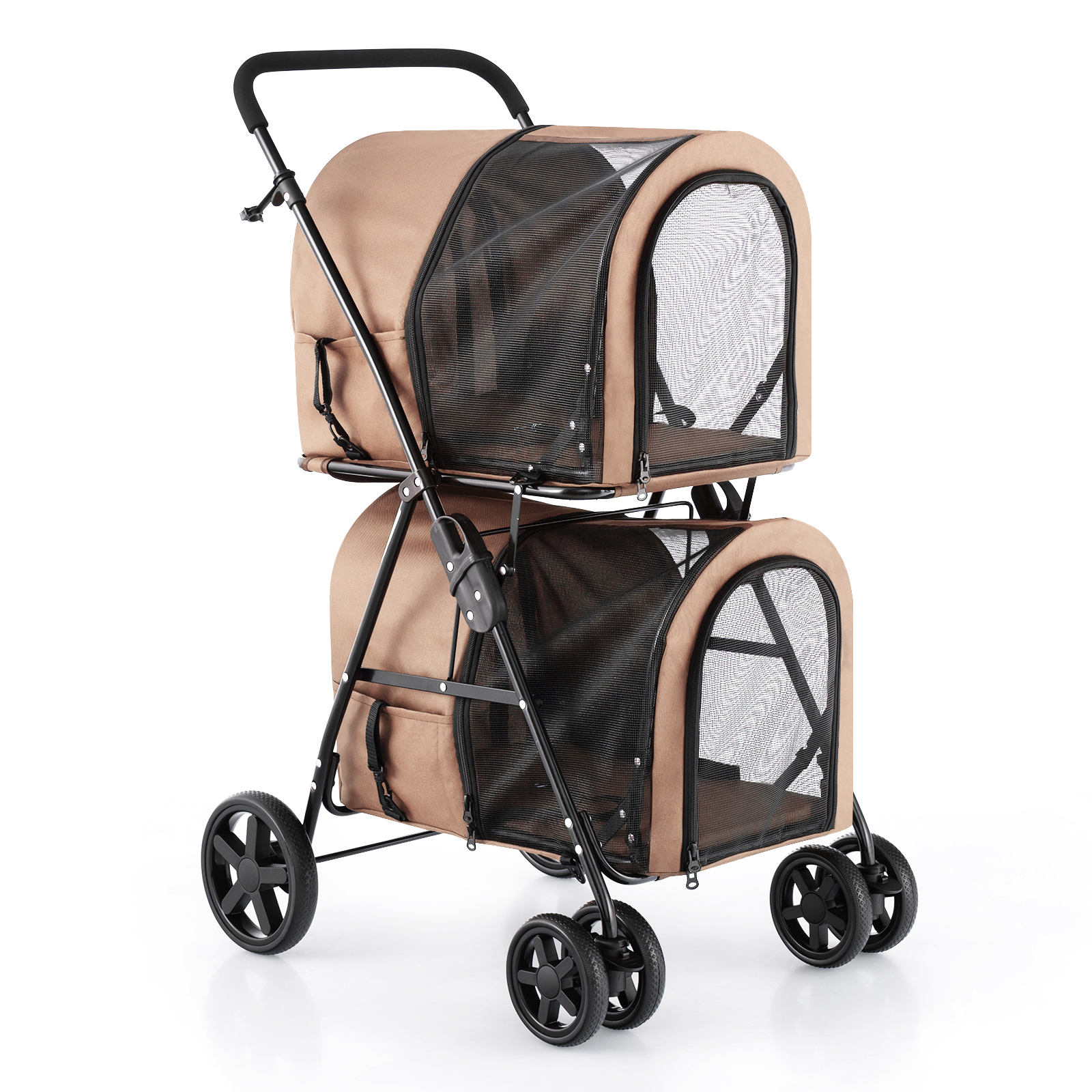 Image of 4-in-1 Versatile Double Pet Stroller | Folding Detachable With 4 Wheels, Car Seat, Pet Crate, Travel Stroller | Material: Polyester And Iron, Brand: Goflame