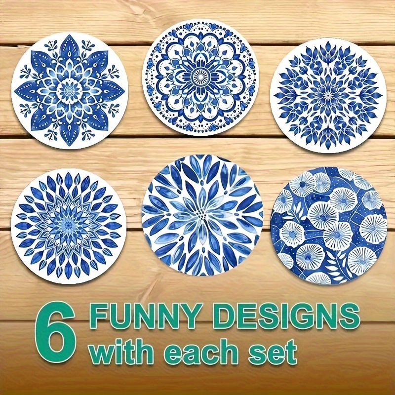 E-shop 6 Stück Blau-Weiß Porzellan Mandala Blumen Holzuntersetzer - Hitzebeständig, Rutschfest, -Verbrennung, Ideal für Kaffeetassen Getränke, für