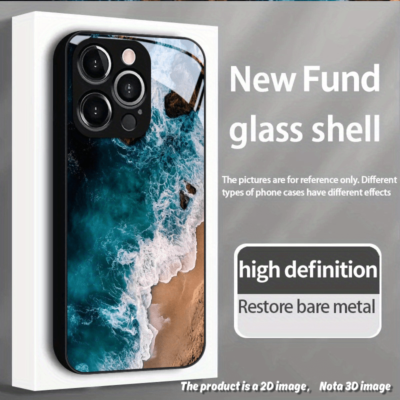 TEMU Phone Case: 2d Printed Ocean Waves On Rocks And Beach Tempered Glass Phone Case For Iphone 17 Pro Max, 17e, 16e, 16, 15, 14, 13, 12, 11 Pro Max,