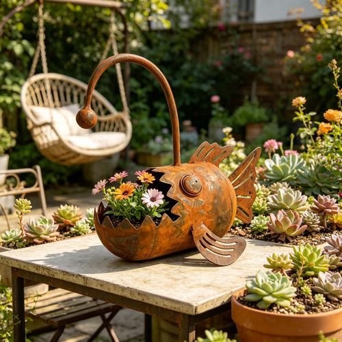 1 shaped flower pot with an old rusty metal material three dimensional design combining planting and decorative functions weather resistant suitable for courtyards gardening gift home decor