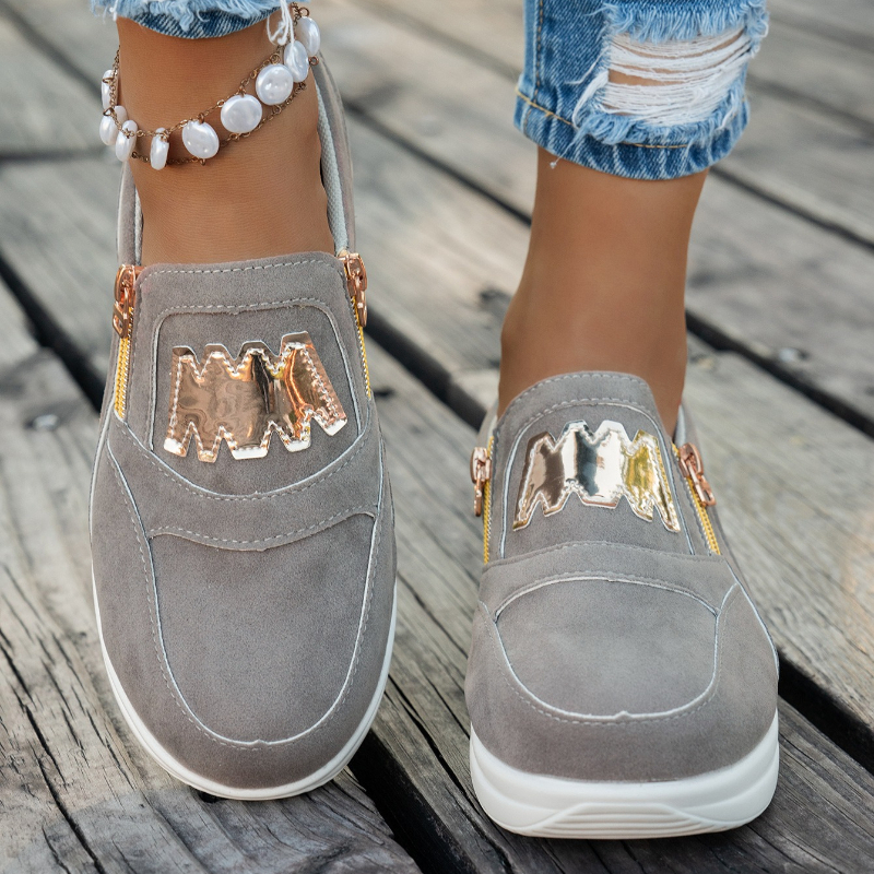 TEMU Aesq Women's Mid-top Sneakers With Golden Logo & Side Zipper - Round Toe Casual Flat Shoes Suitable For, Office, Casual Attire - - Comfortable