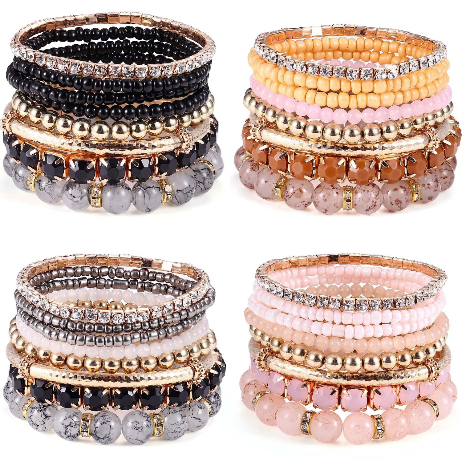 4 Sets Boho Bracelets For Women Layered Stackable Natural Beaded Bracelets Adjustable Stretch Bohemian Bracelets