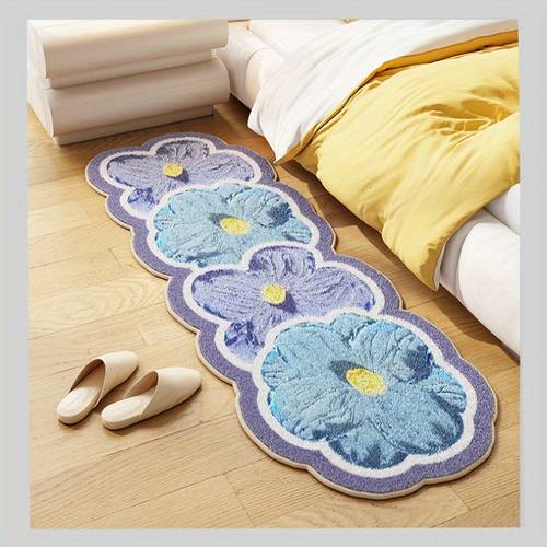 1pc Blue Floral Irregular Shaped Bedside Mat - Non-Slip Soft Polyester Mat with Purple Border & White Flowers, Hand Washable Floor Mat for Bedroom, Balcony, Living Room Decor Blue & Lavender
