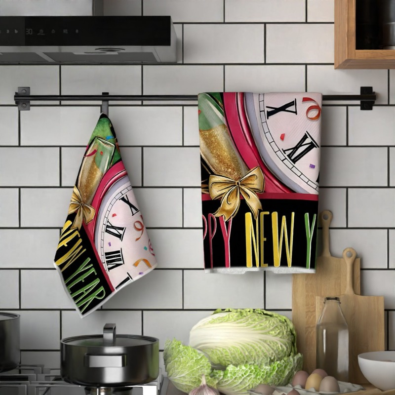 set of 2 kitchen towels measuring 18 by 66.04 cm, designed for new year  .   decorative towels feature illustrations and are     decoration, festive cooking, and dining.     make a unique gift for new year s celebrations, showcasing colorful art suitable for   occasions. details 0