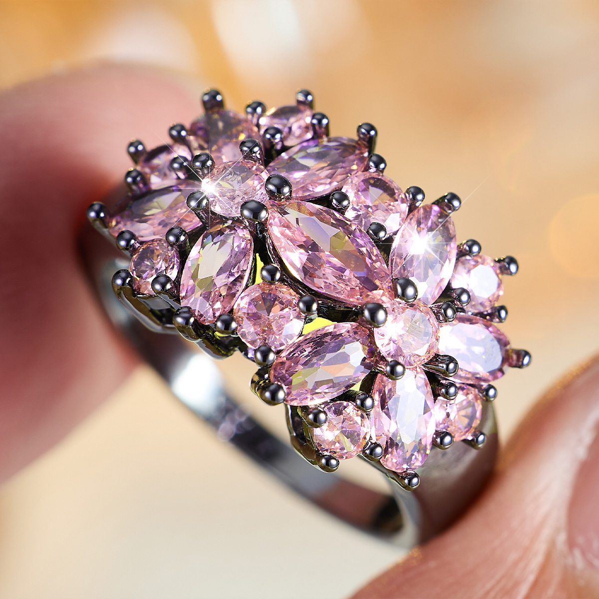 Clustered Pink Synthetic Zirconia Bouquet Design Ring