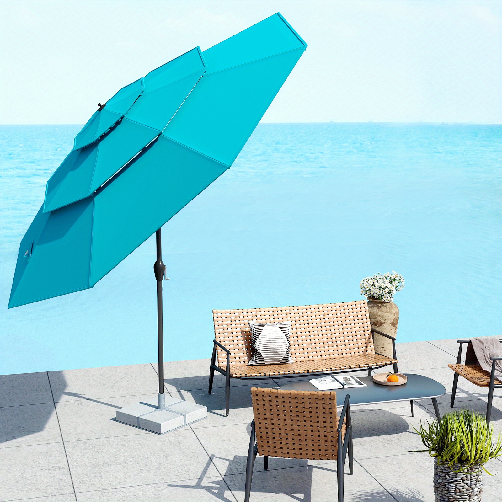 item picture   10ft 3 tier auto tilt outdoor umbrella with double venting crank adjustable   umbrella uv resistant aluminum frame blue white striped design for patio backyard   garden shade classic   durable canopy material