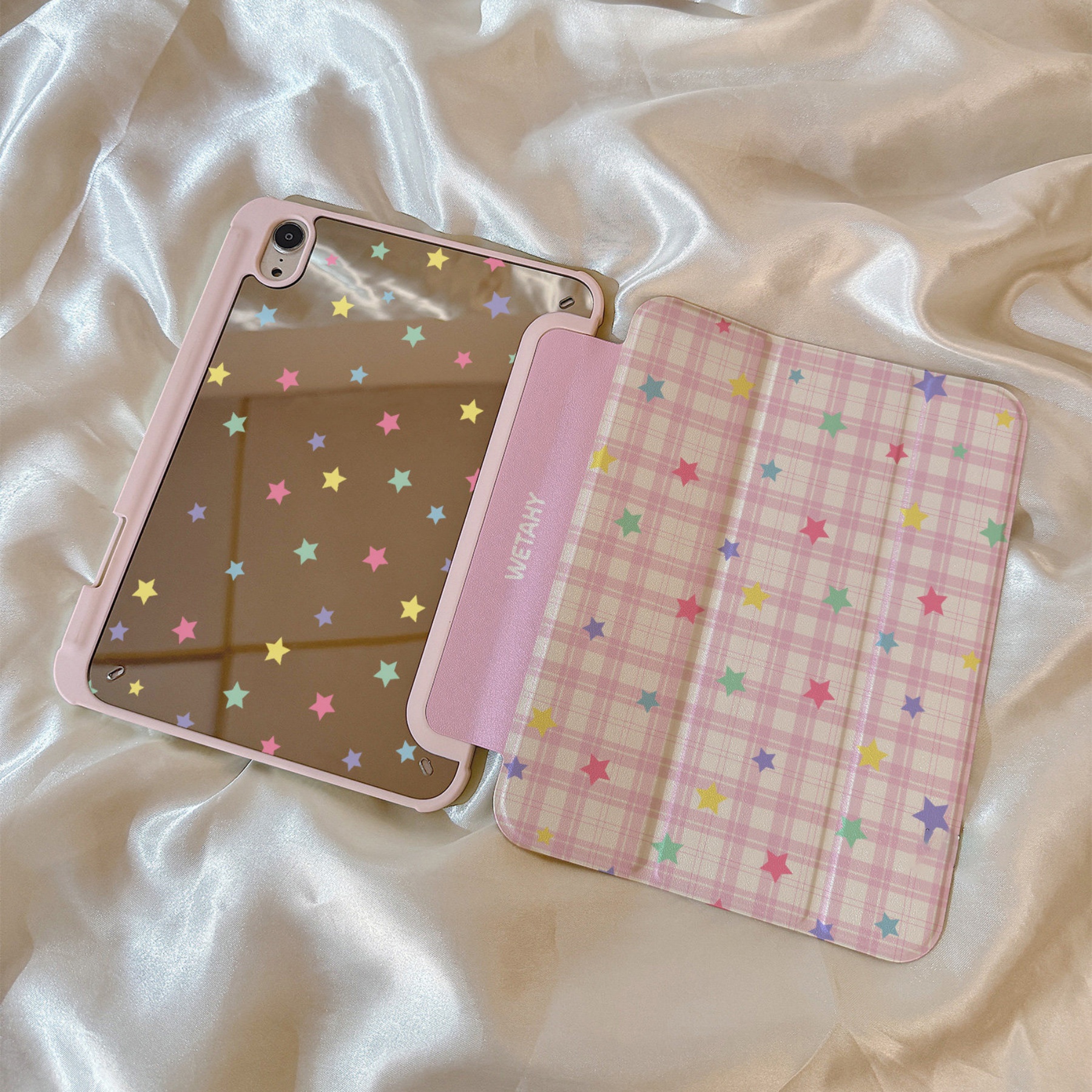 TEMU Ins-style Macaron Mirror Case For Ipad, Transparent Back Panel With Pencil Slot, Pink And White Print Drop-proof, Anti-bend, Wear-resistant