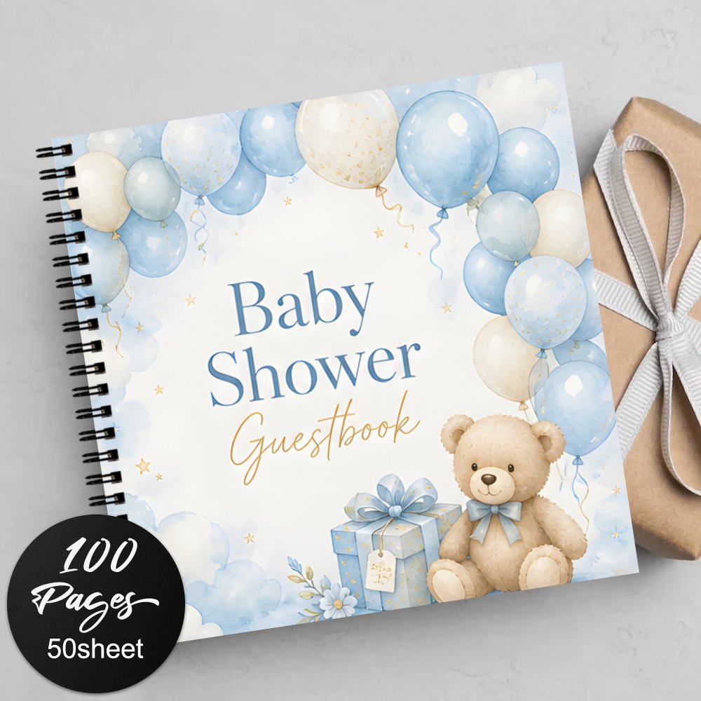 TEMU 1pc Baby Shower Guestbook, Spiral Notebook Journal For Recording Events With Teddy Bear, Balloons & Gift