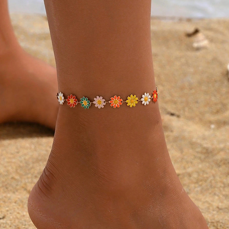 1pc Colorful Daisy Chain Anklet Daily Versatile Seaside Vacation Dopamine Colorful Flower Anklet, Women's Anklet, Alloy Material, Summer Daily Seaside Vacation, Summer Anklet ( Random)