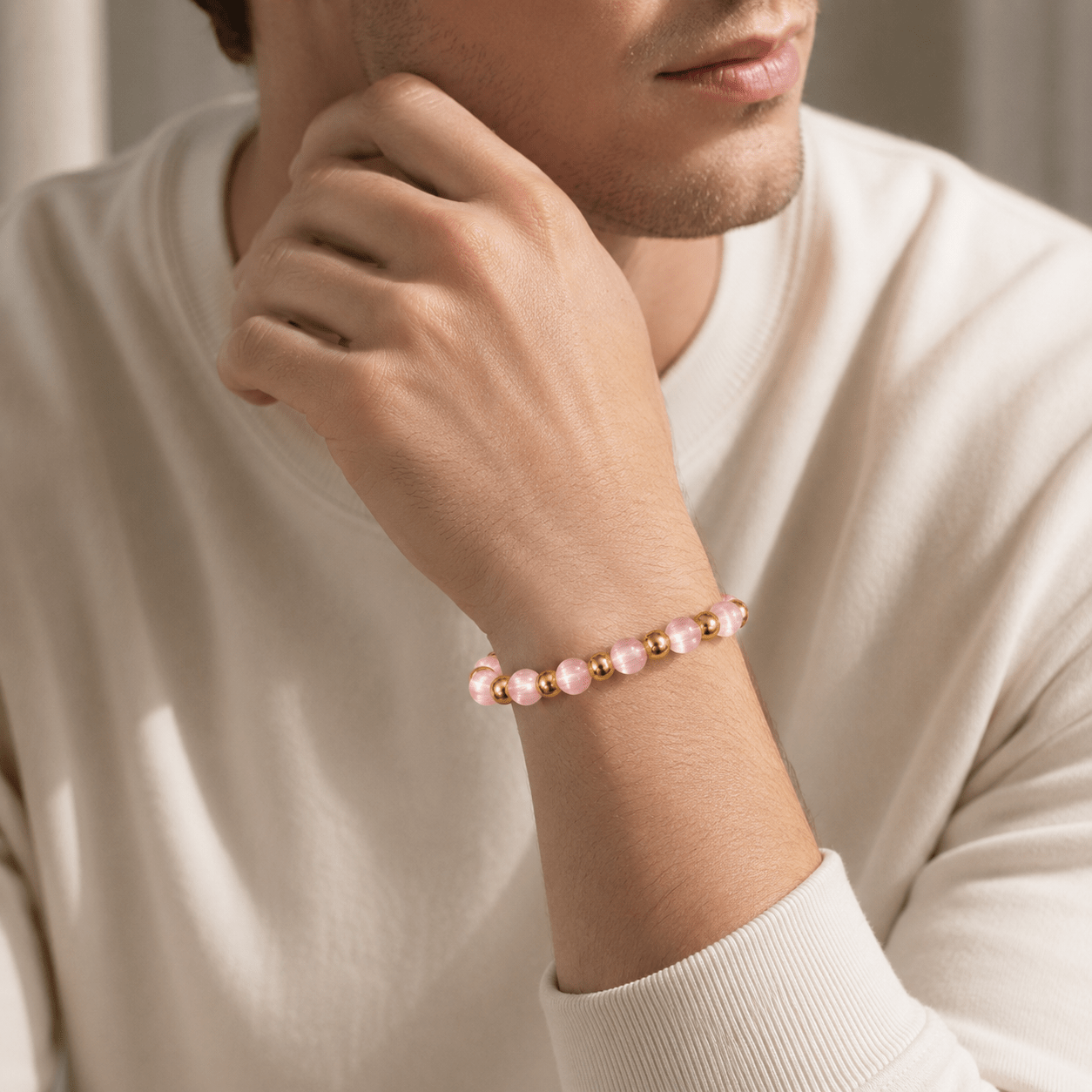 Women's Pink Cat's Eye Stone Bracelet with Acrylic Beads