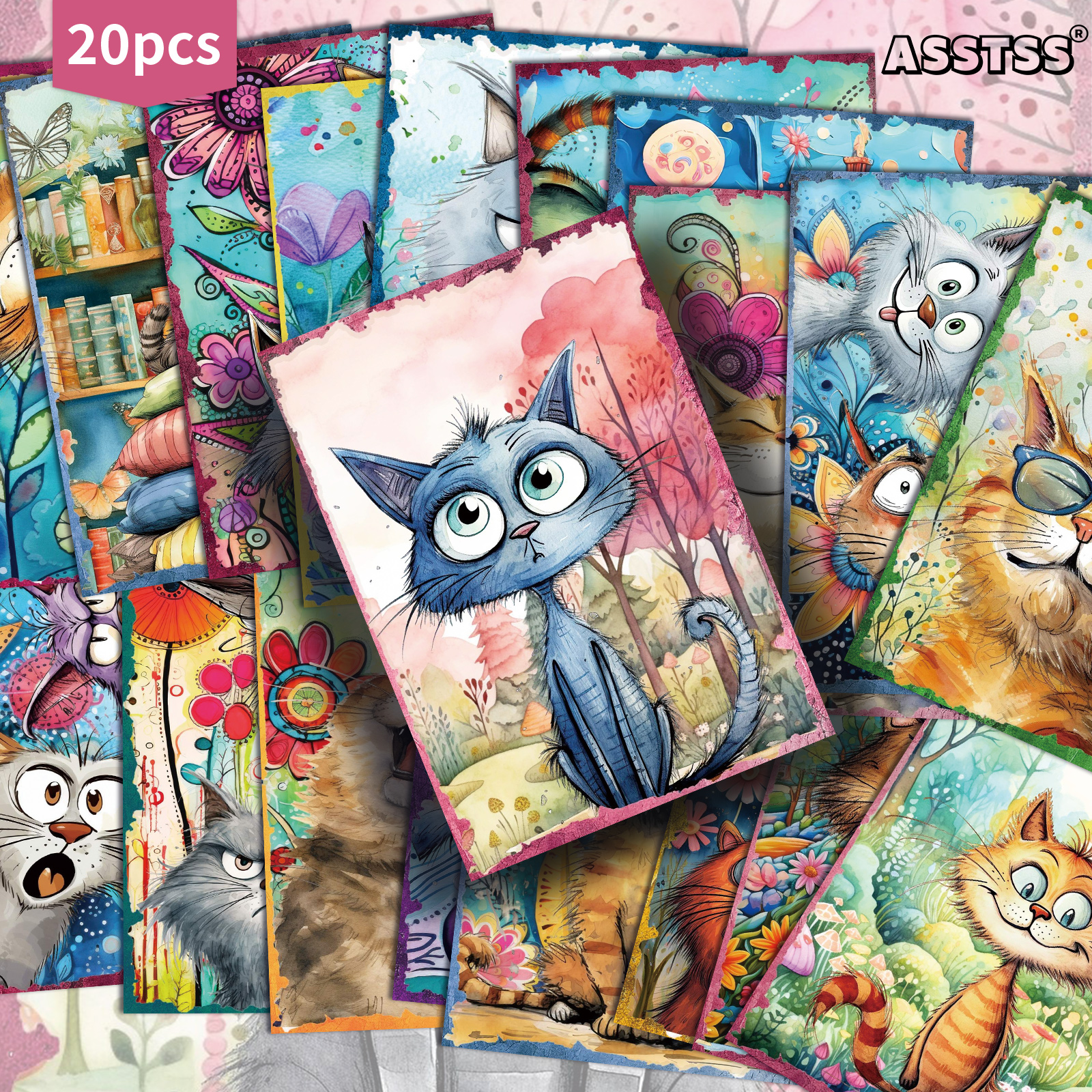 TEMU Set Of 20 Assorted Watercolor Postcards Featuring Fun And Quirky Cats, Measuring 4x6 Inches. Ideal For Retro Junk Journals, Scrapbooking, And As