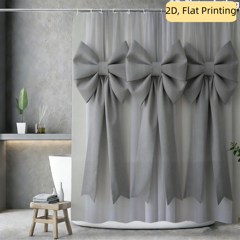 2d Flat, 1pc 2d Flat, Printed Shower Curtain With Gray Big Bow Pattern, Shower Curtain With Hooks, Suitable For Windows And Walls, Bathtub, Bathroom Home Decor Shower Curtain, Suitable For ., 2d Flat