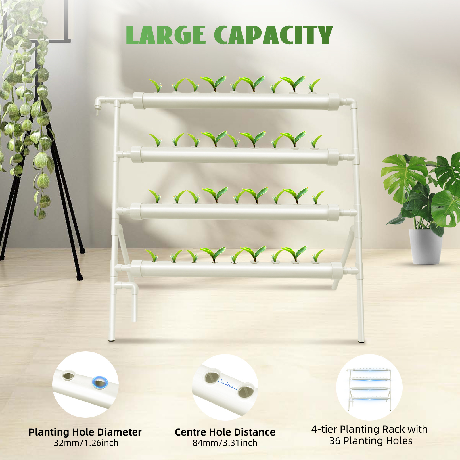 3 Tier Hydroponic Growing System Single Sided 36 Hole Soilless Rack Indoor & Outdoor Garden Pvc U White Vertical Planter For Growing Fresh Greenery