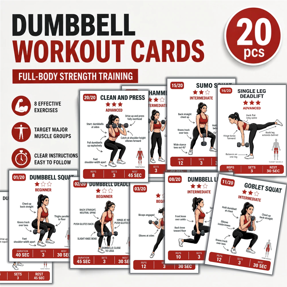 TEMU Lot de 20 cartes d'entraînement avec haltères pour débutants et utilisateurs avancés - Guide de musculation, du niveau au niveau avancé, cartes
