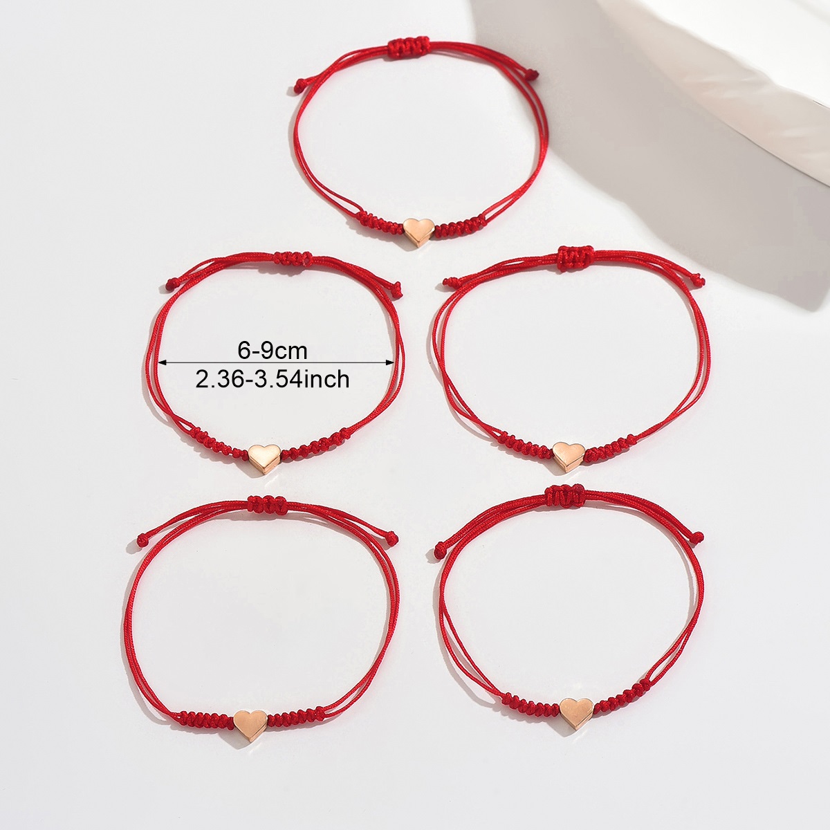 5pc Red Braided Heart Adjustable Friendship Bracelet Set