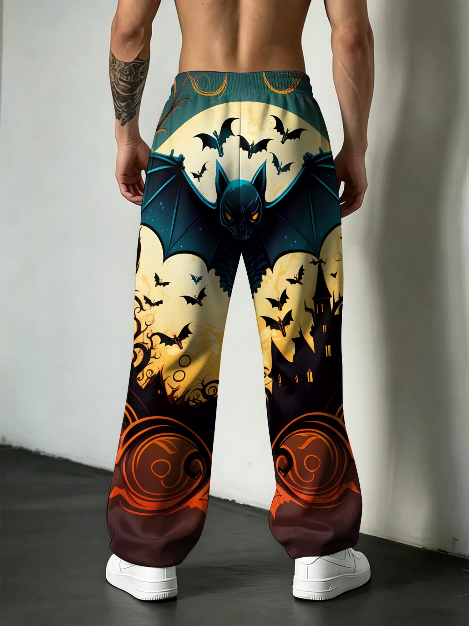 mens novelty trousers halloween themed bat and castle print pants suitable for halloween parties festive occasions or gifts