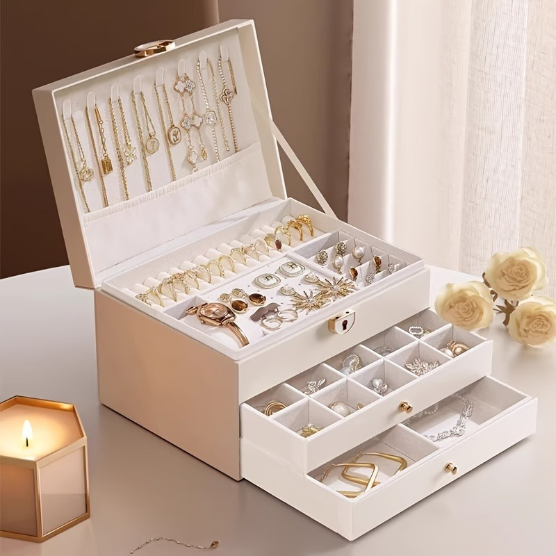 Estuche de Almacenamiento para Joyas de Cuero Sintético con Estilo, Caja de Joyería con Tres Cajones, Elegante Caja de Exhibición para Escritorio, Múltiples Compartimentos para Collares, Pendientes, Anillos y Pulseras, Cierre de Botón, Forro de Tela