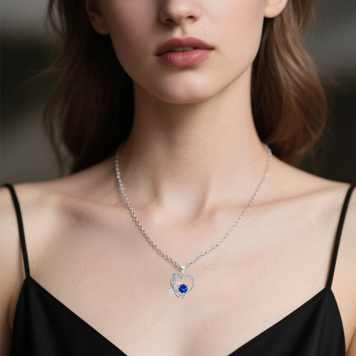 Women's Luxurious Deep Blue Synthetic Zirconia Heart Rose Pendant Necklace