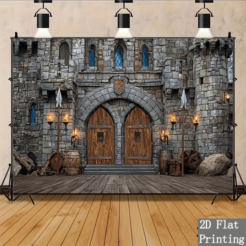 TEMU 2d Flat, 1pc Medieval Castle Wall Decor With Torch & Lance Doorways, Stone Wall & Window Panels - 2d Flat Medieval For Historical Themed Rooms,
