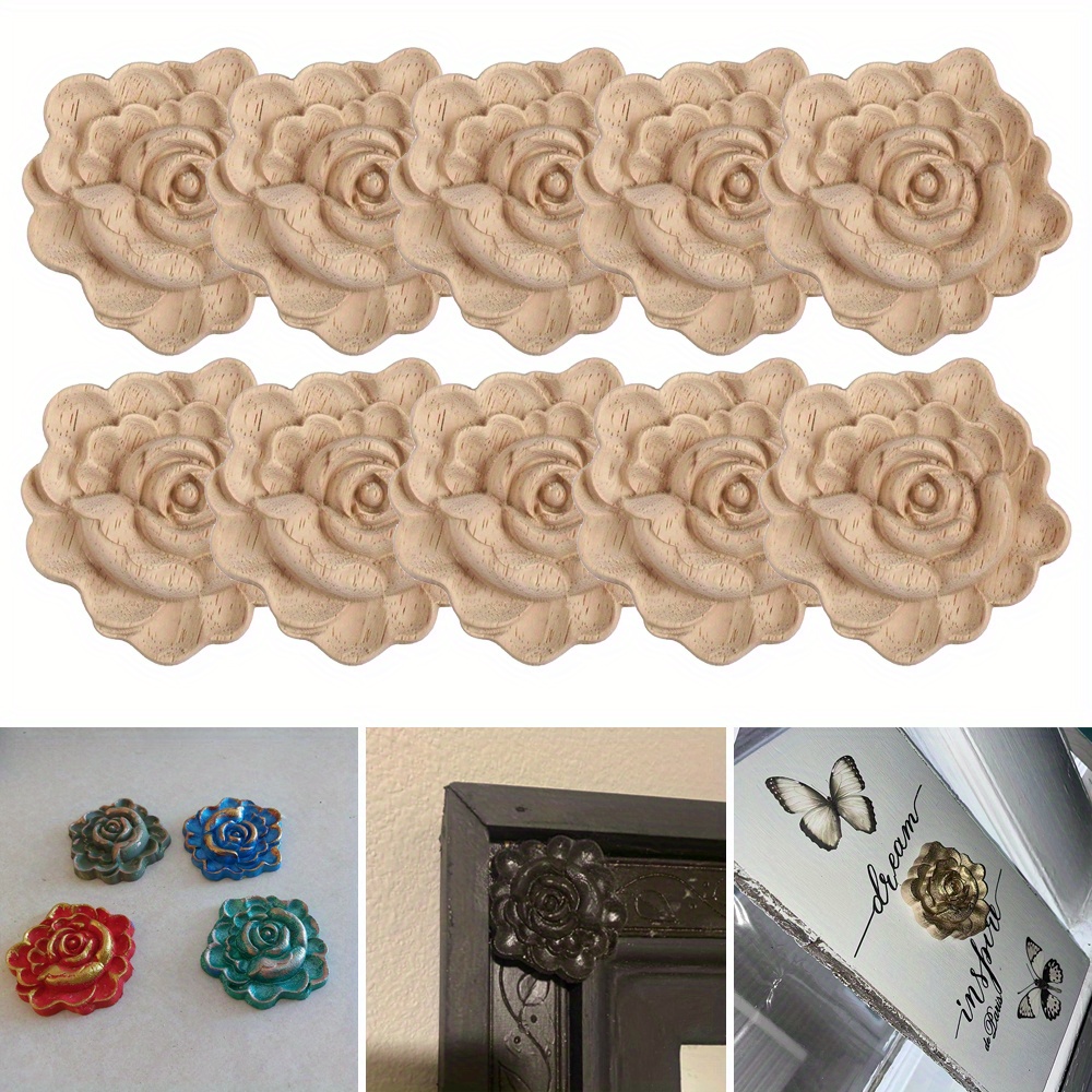 TEMU Set Of 10 -shaped Carvings, Unpainted, Perfect For Decorating Furniture Like Dressers, Beds, Doors, And Cabinets. Ideal For Projects, Each Piece