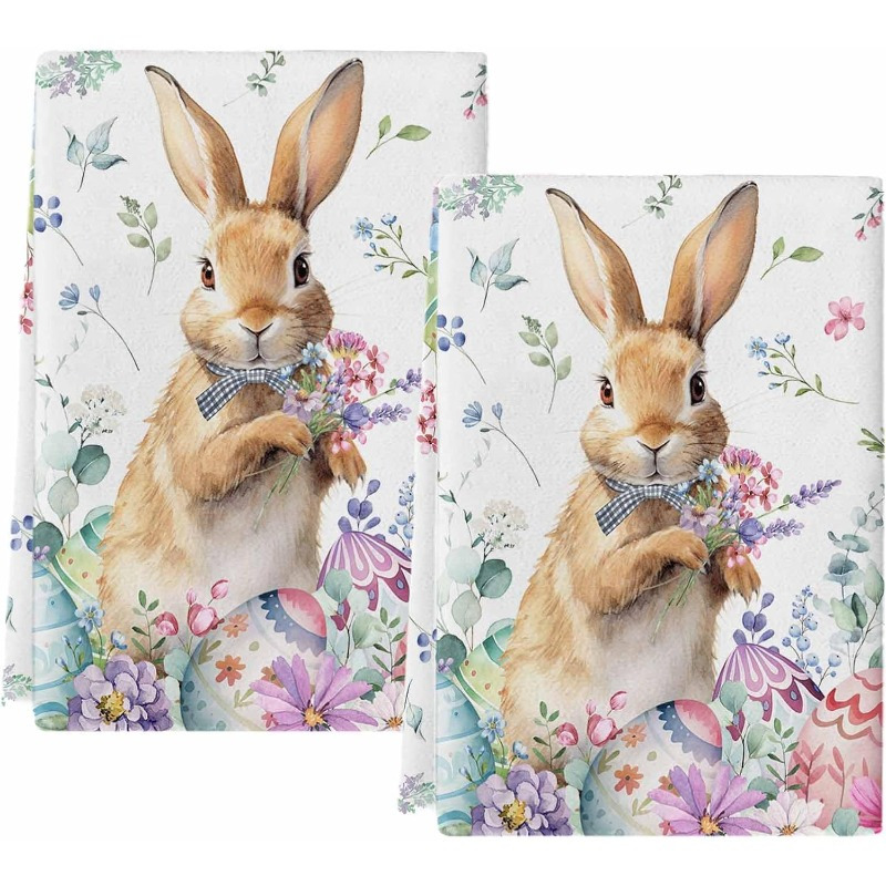TEMU 2pcs Easter Bunny & Spring Flowers Kitchen Towels - Ultra Soft, Quick-dry Polyester Dish Cloths For Home Decor, Bathroom Hand Towels, 18x26 Inches
