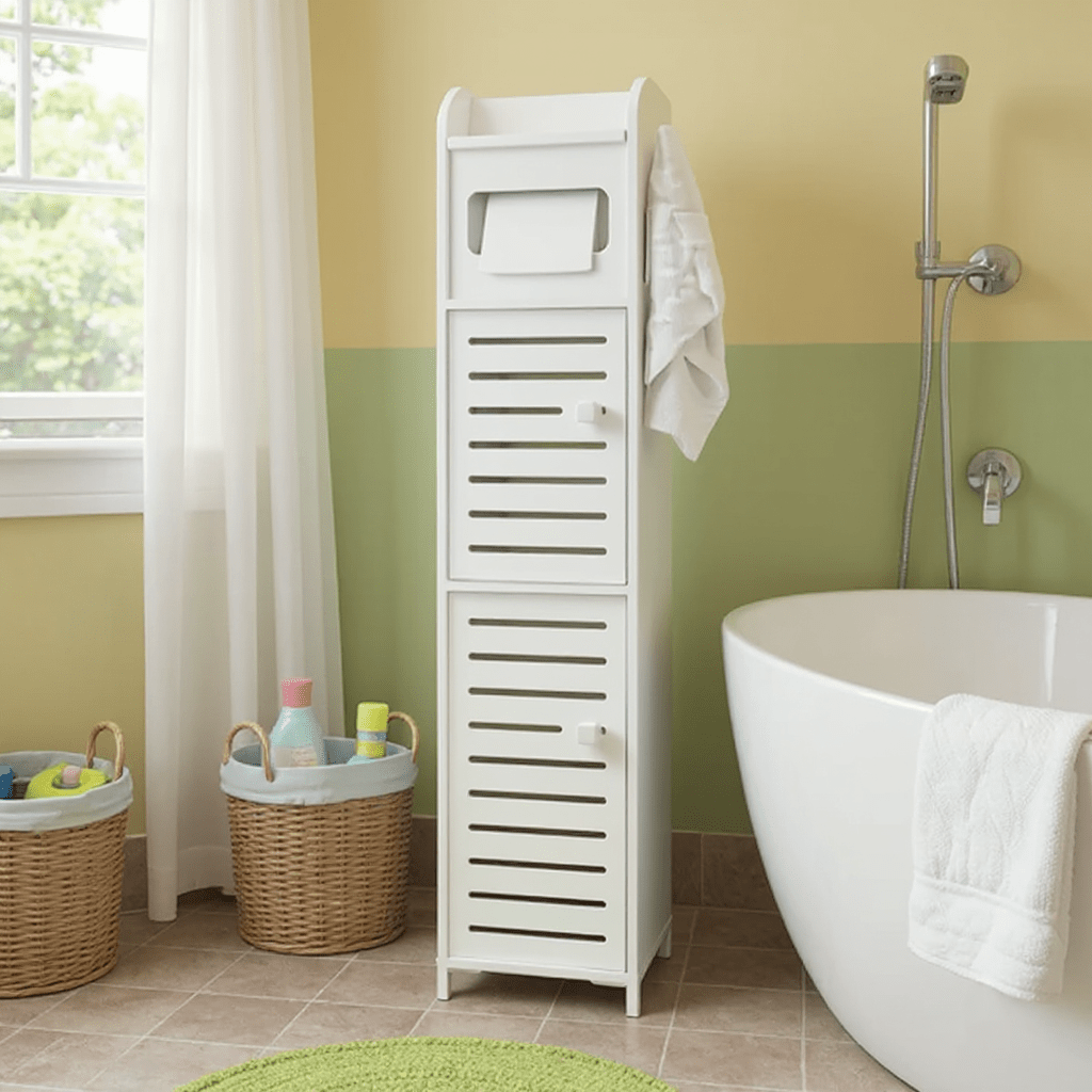 item picture space saving freestanding bathroom cabinet with multi tier shelves enclosed door suitable for small bathrooms moisture resistant plastic storage unit with tissue holder door for powder room organization compact cabinet for toilet