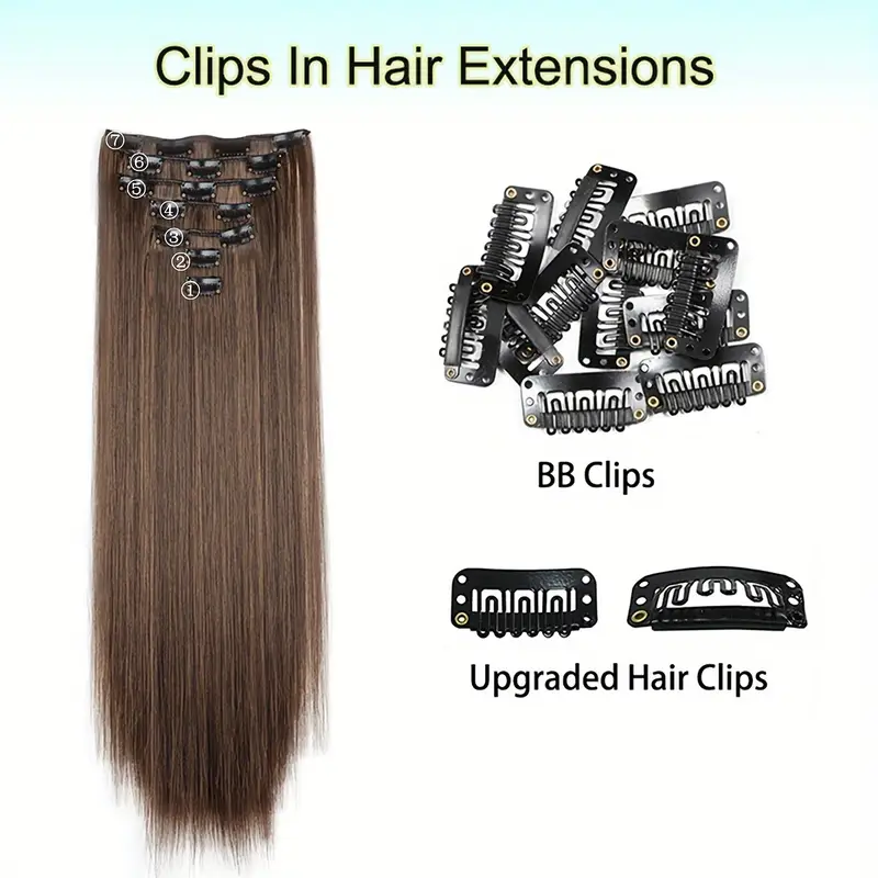24-inch 7pcs set 16 clip-in women s straight hair extensions set natural gloss heat-resistant synthetic fiber style suitable for all increase hair volume holiday hot new style details 4