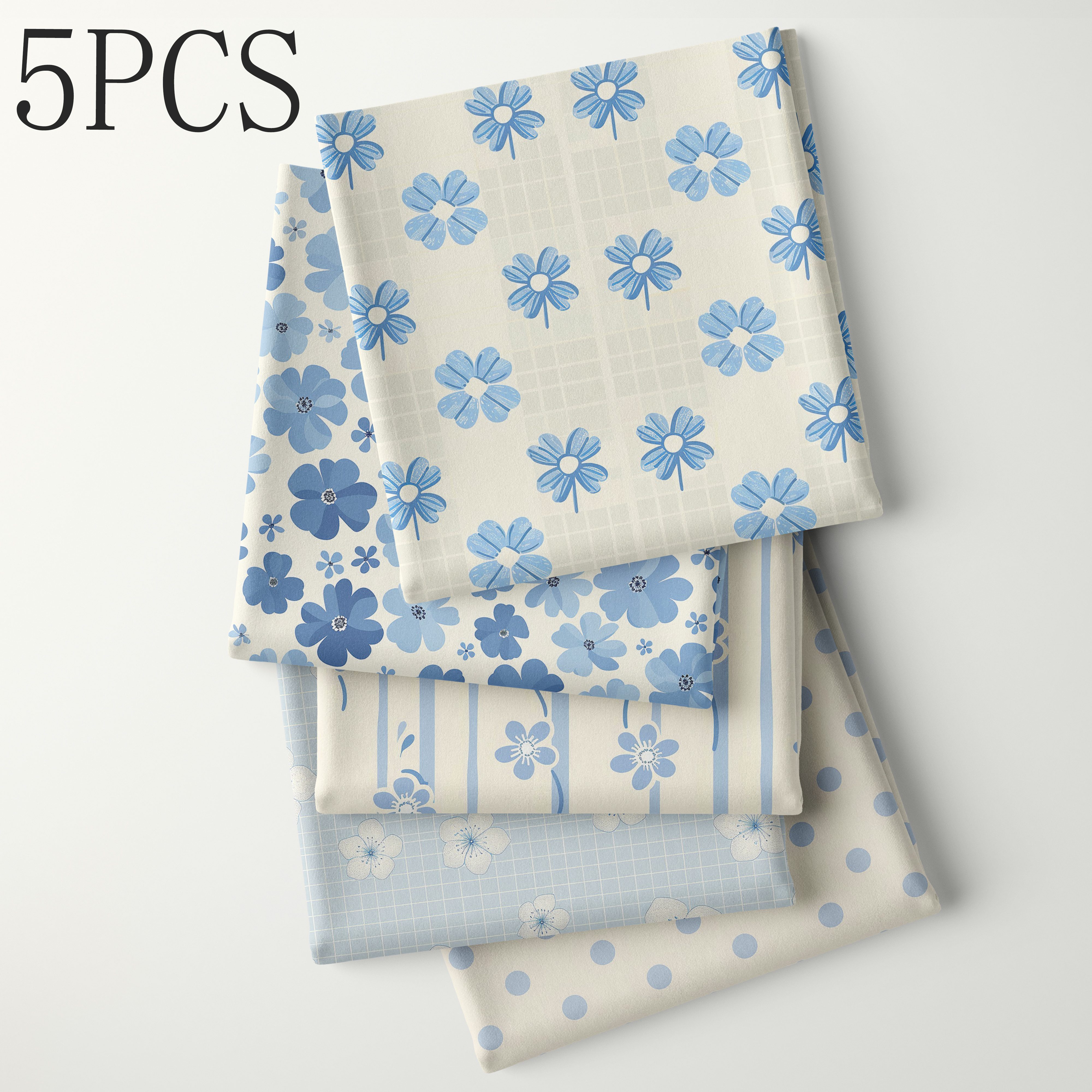 TEMU 5pcs Set, 45x55cm, Featuring Light Blue Small , Multicolor Blue- , Vertical Striped Flowers, Check-based Small , And Polka Dot Patterned Printed
