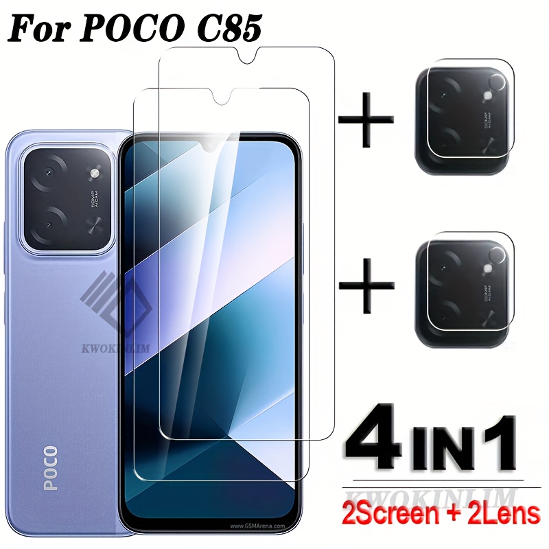 E-shop 2+2 4 Stk. HD-Folie aus gehärtetem Glas, passend für POCO C85, vollklebende durchsichtige Displayschutzfolie, 2 gehärtete Glasfolien + 2