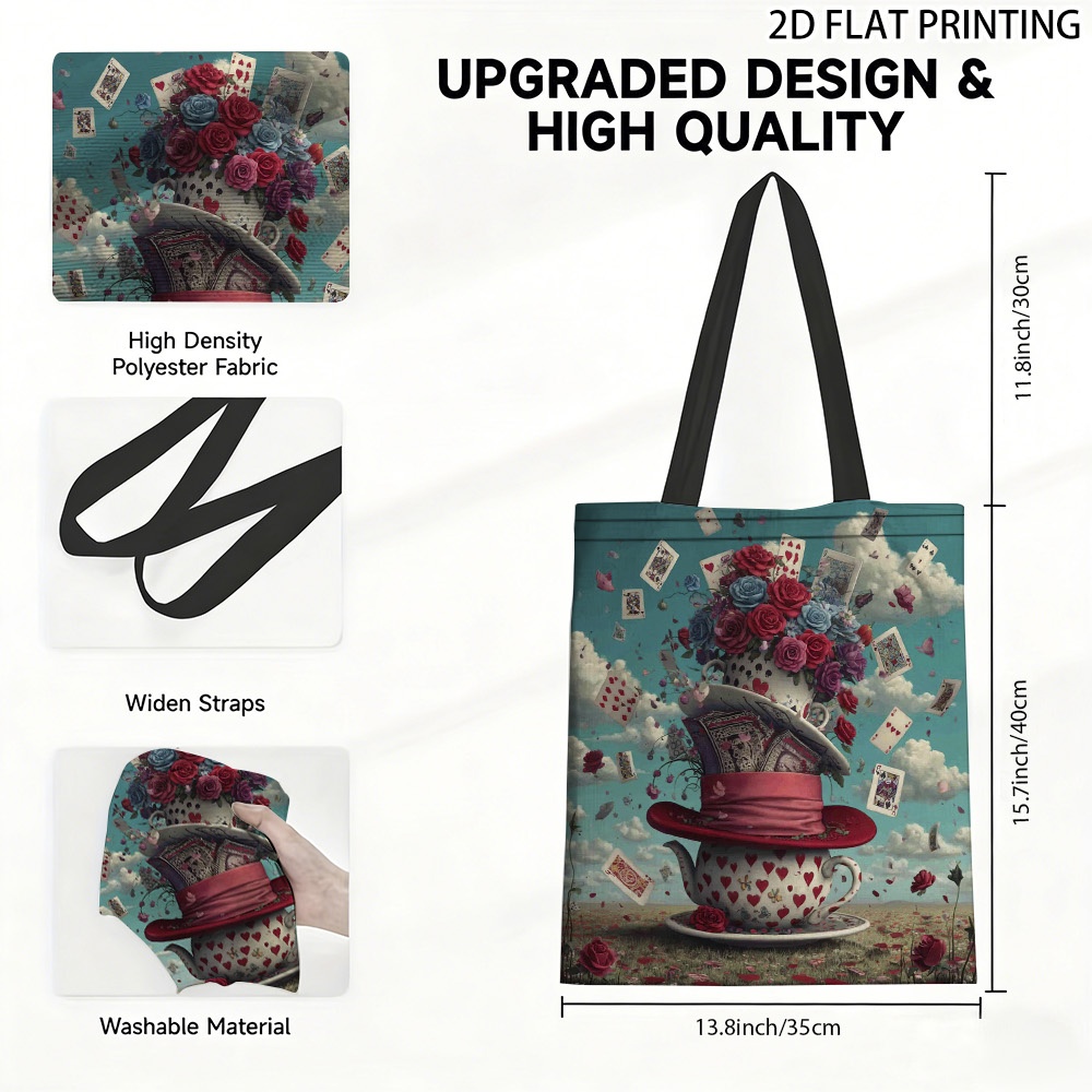 TEMU Borsa tote 1 pz a forma di teiera del Paese delle Meraviglie di Alice - Borsa quadrata a tema con stampa di Alice e teiera, adatta per spiaggia,