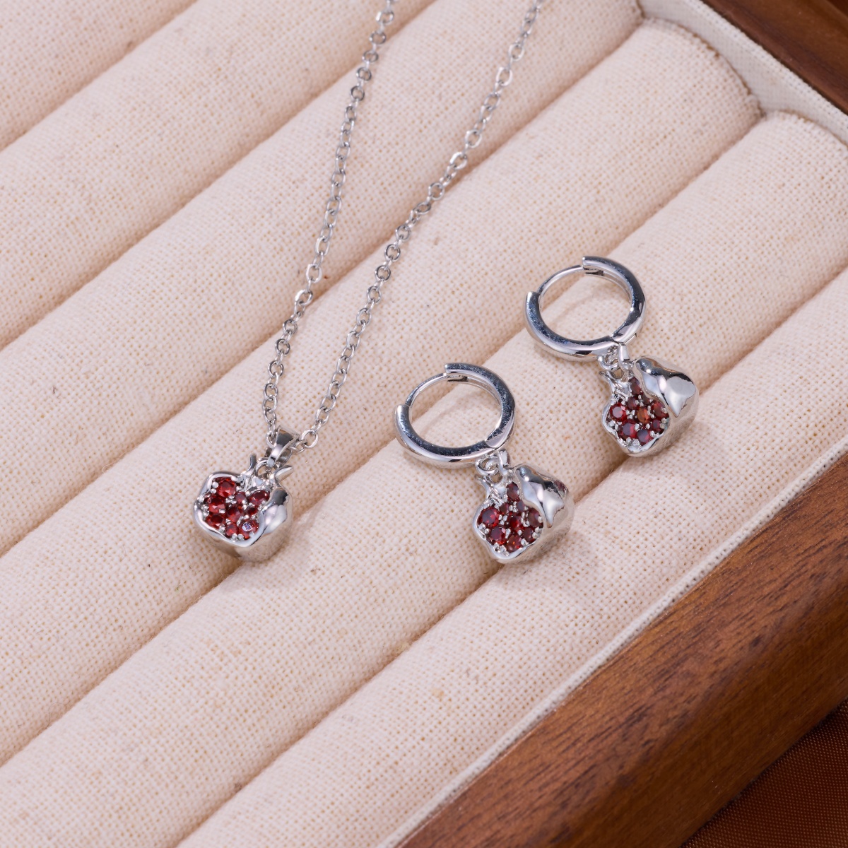 TEMU 3pcs, Copper Material, "fruit Theme Jewelry" Exquisite Three-dimensional Pomegranate-shaped Ladies Fashion Set, Suitable For Daily Wear, Holiday