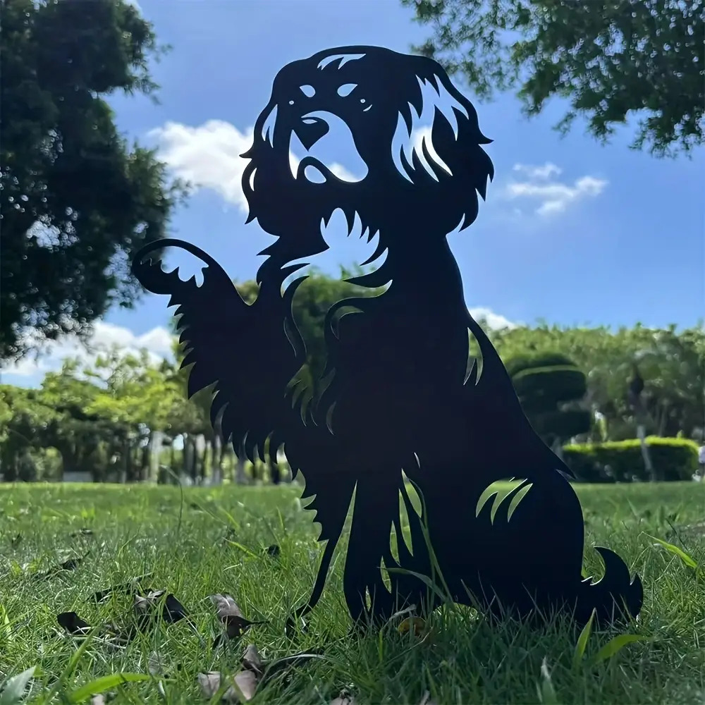 TEMU 【2d Flat】 1pc Metal King Charles Spaniel Garden Stake - Heavy-duty Iron Outdoor Yard Decoration With Black Poodle Silhouette (tailless), Sturdy