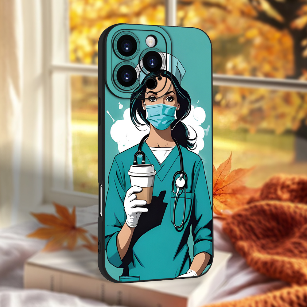TEMU Phone Case: 17promax Ins-style Influencer Creative Nurse Pattern Trending Angel Eye Black Tpu Phone Case With Comfortable Grip For Iphone