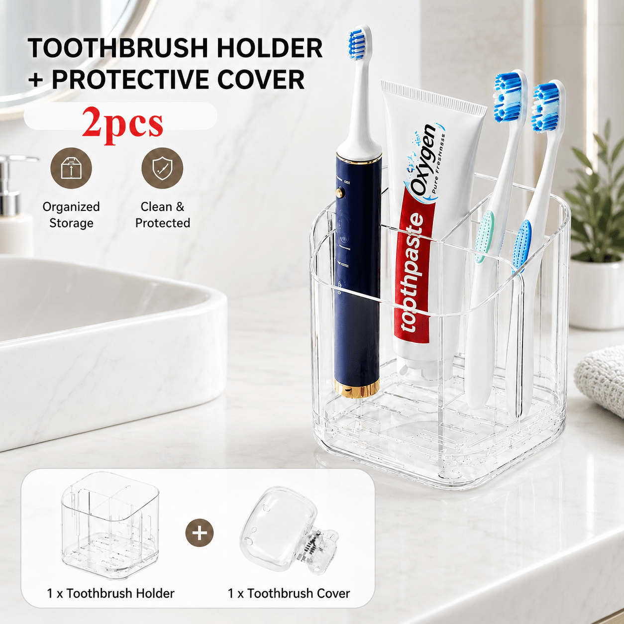 TEMU 2pcs Set Transparent Wall-mounted Toothbrush Holder With Toothbrush Protective Cover, Mesh Hollow-out Design For Quick Drainage And