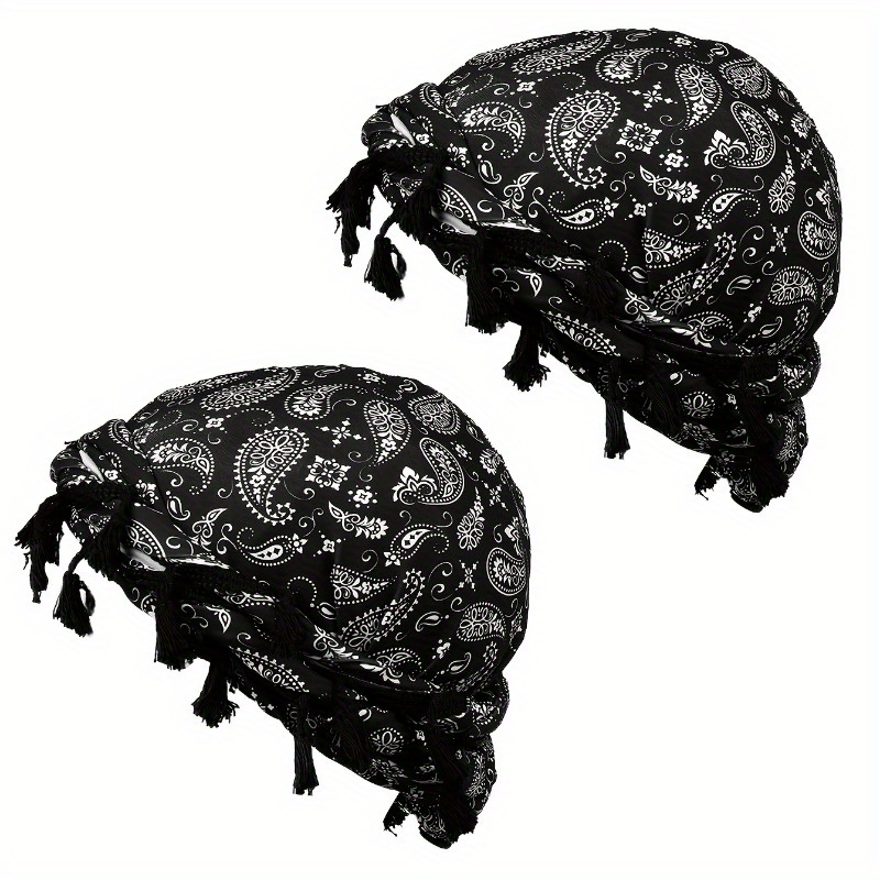 item picture 2pcs bohemian turban hats black white paisley print lightweight warm winter hats for men women elastic band for cycling halloween themed parties pirate hip hop everyday streetwear   cold weather accessory stylish headwear soft fabric fashion accessory urban  