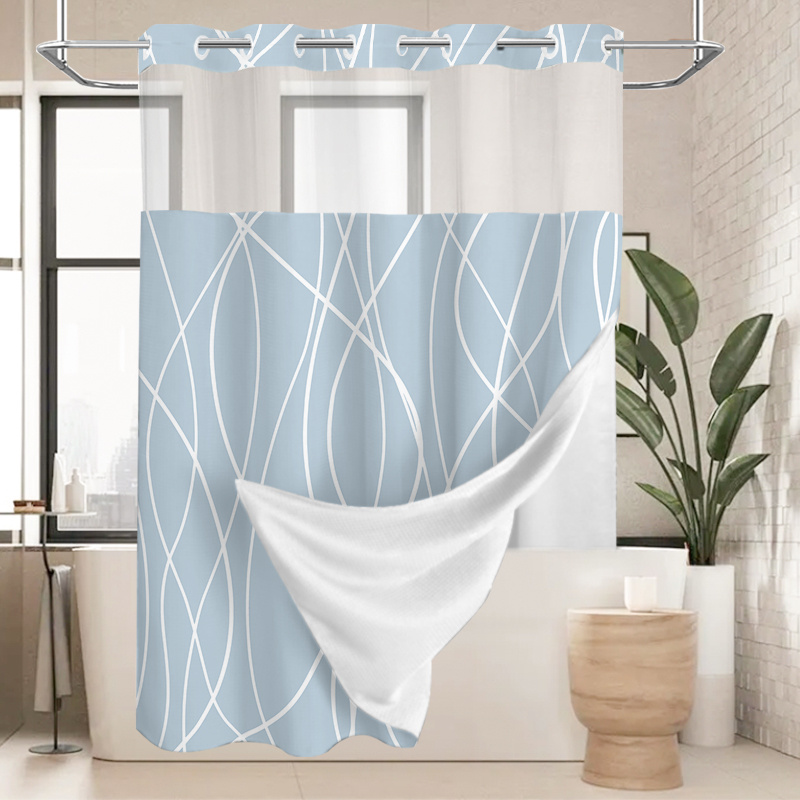   double layer shower curtain   dry lining transparent bathroom curtain suitable for modern bathrooms wavy stripe pattern   machine washable suitable for bath enclosures doors  