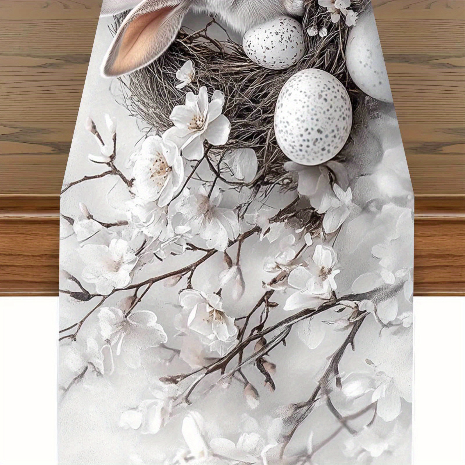 E-shop 1 Stück, Eleganter Grauton, Grauer Hasenkranz Tischläufer, Ostern, Hase, Eier, Blumen, Dekorativer Stoff-Tischläufer, Langer Druck, Klar,