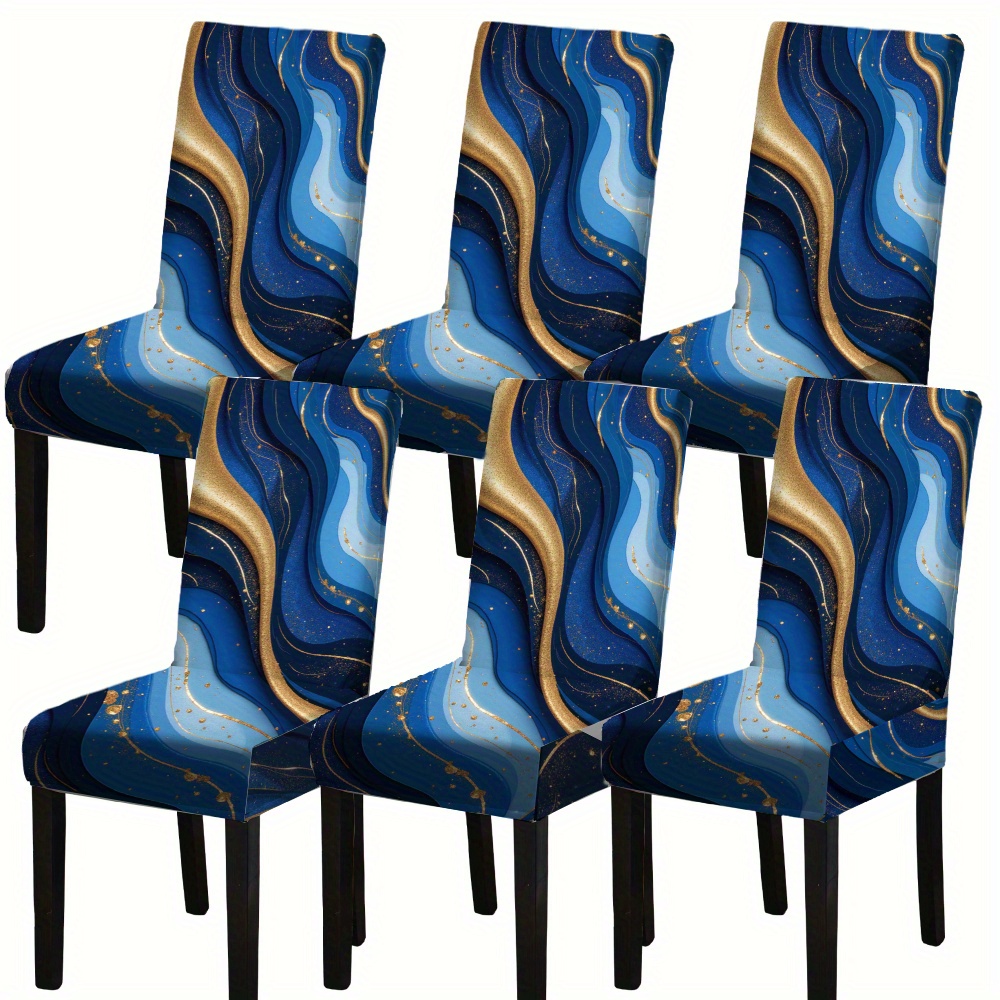 TEMU Set Of 4/6 Elastic Chair Covers In Blue And Swirl Pattern, Suitable For Dining Room And Living Room Decor, Retractable Furniture Protection