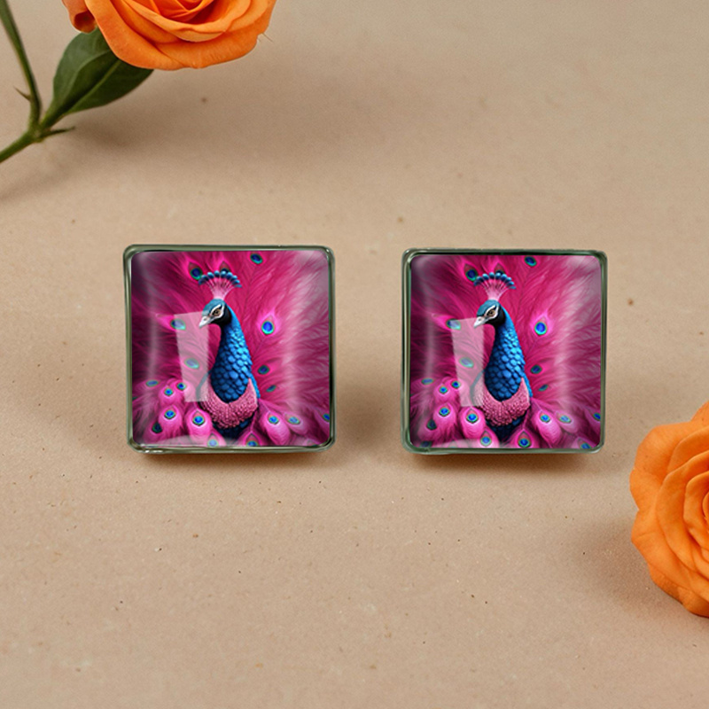 2Pairs Peacock Pattern Square Stud Earrings, Fashion Glass Cabochon