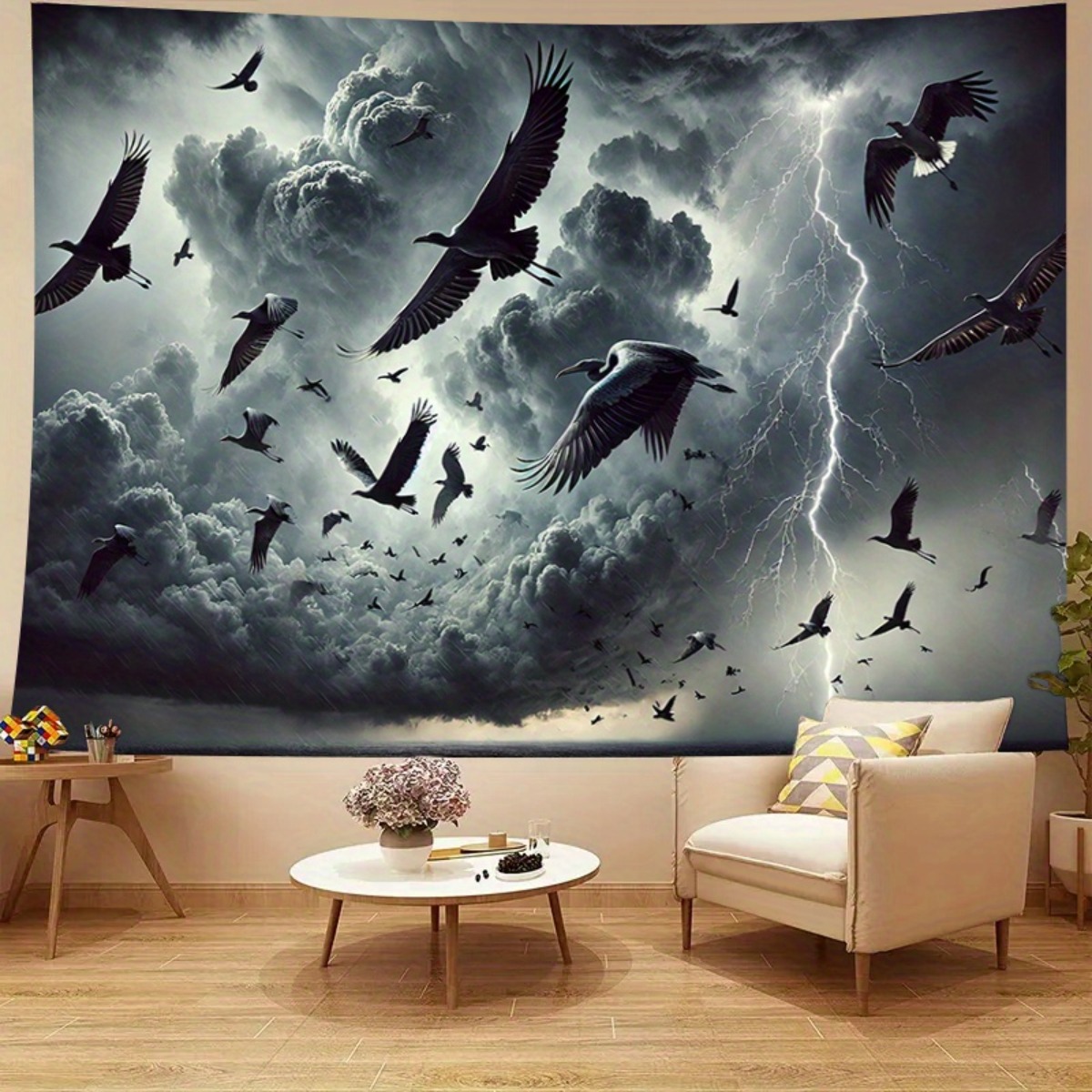 Large Fabric Wall Tapestry Storm Birds Thunderclouds Lightning_voghion.com