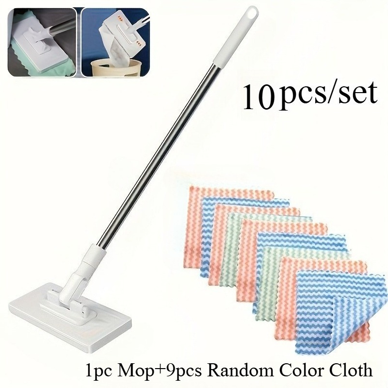 TEMU 10pcs/set (1pc Mop+9pcs Random Color Cloth)disposable Flat Mop Set With Stainless Steel Long Handle, Rotatable Floor Cleaning Mop And Wave
