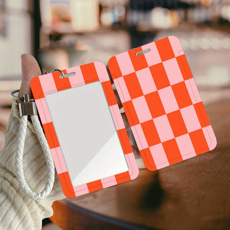 TEMU Simple Orange And Pink Floral Pattern Id Badge Holder With A Short Handheld Lanyard, Plastic Business Card Case, Suitable For Office Workers,