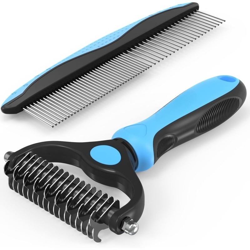 Image of Pet Grooming Combo - Blue Deshedding Brush With Metal Comb For Detangling And Dematting Long, Fur On Cats And Dogs