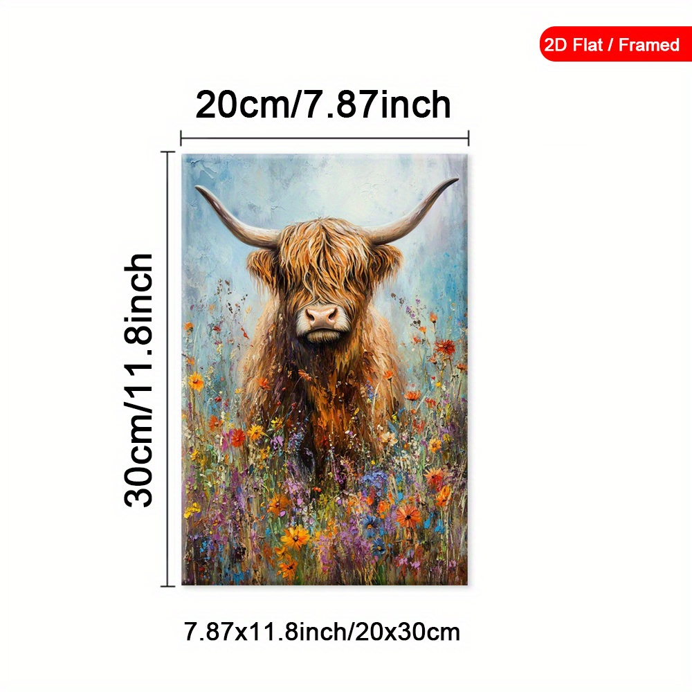 TEMU 2d Flat, 1pc Framed Highland Cow Floral Canvas Wall Art - Vibrant Colors Modern Rustic Charm, 2d Flat Frame, Vertical Portrait For Living Room,