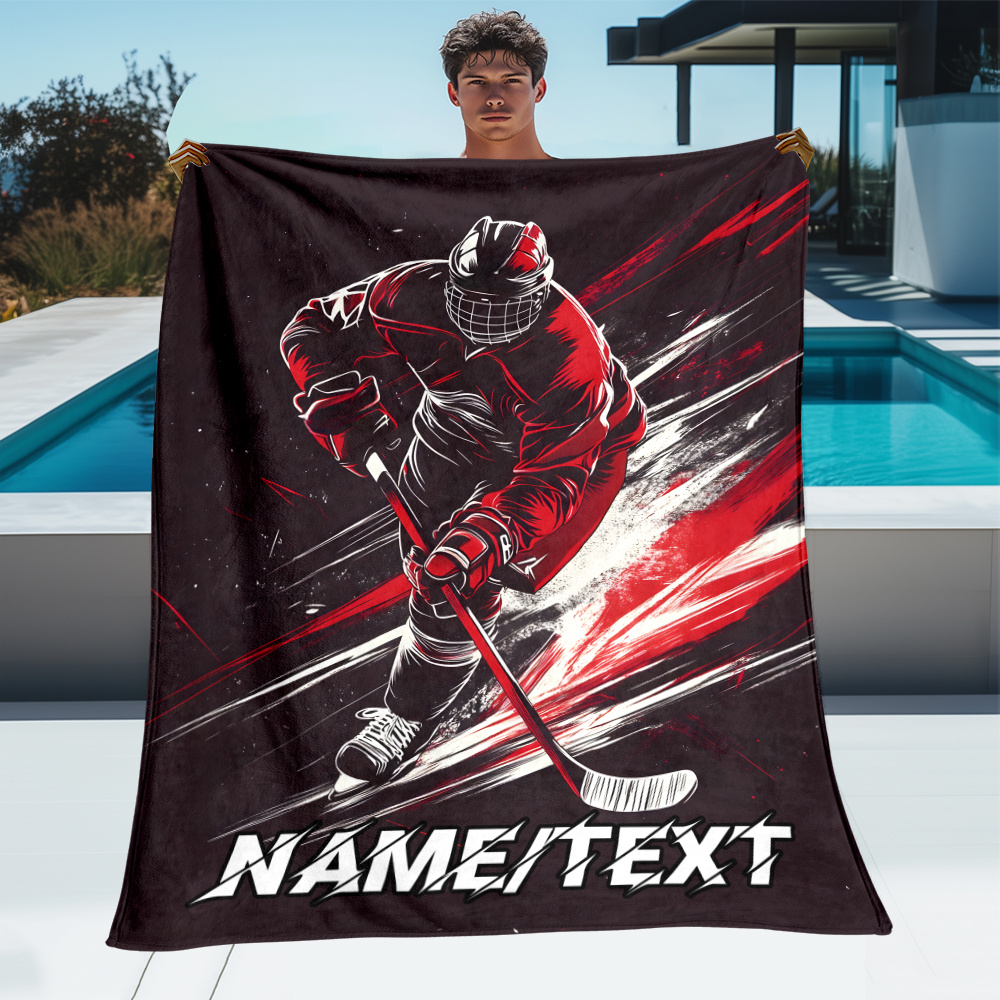 TEMU Customizable 1pc Ice Hockey Fan Blanket With Personalized Name - Lightweight Flannel Throw For Sofa, Bed, Travel, Camping, Living Room, Office,