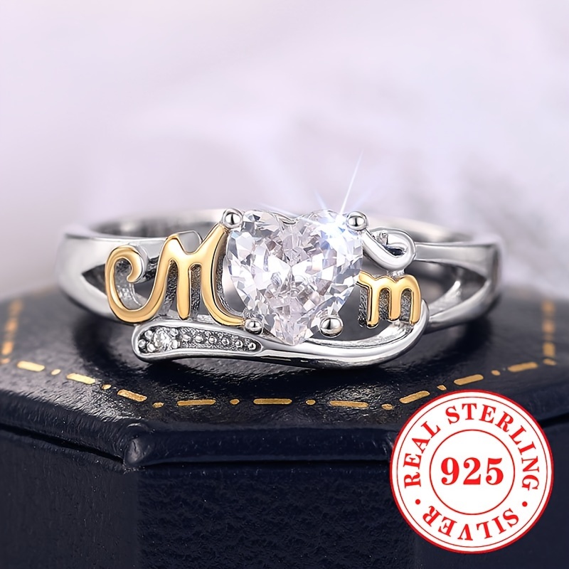 TEMU Bague MOM en Argent à 4 Griffes avec Zirconia Synthétique de Cœur, Idéale pour un Usage ou comme Cadeau pour et , Cadeau d'Anniversaire Parfait,