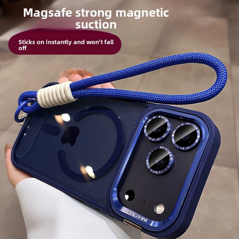 TEMU Phone Case - Metal Camera Stand Case With Magnetic Lens Protector Wrist Strap For Iphone 16, 17 Pro Max, 15, 14 - Anti-drop Full Coverage