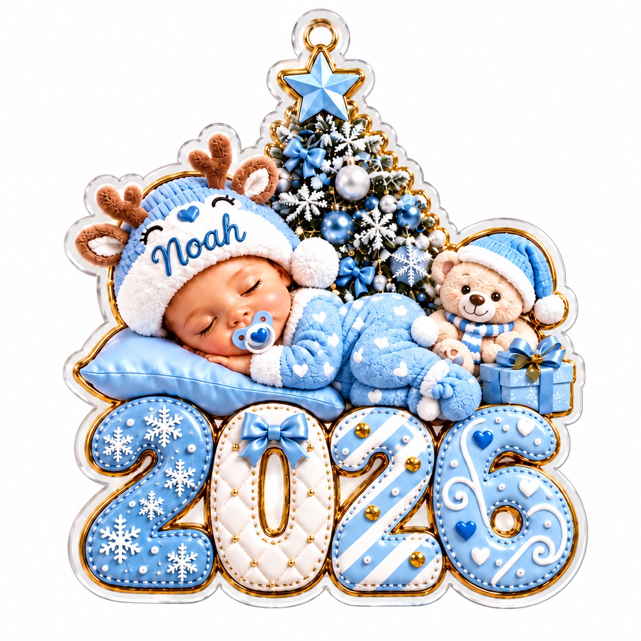 TEMU 2d Flat, 2d Flat Girl Christmas Ornament, Custom Name Pink Acrylic Tree Decoration, Sleeping With Teddy Bear And Reindeer Hat, 10cm Personalized